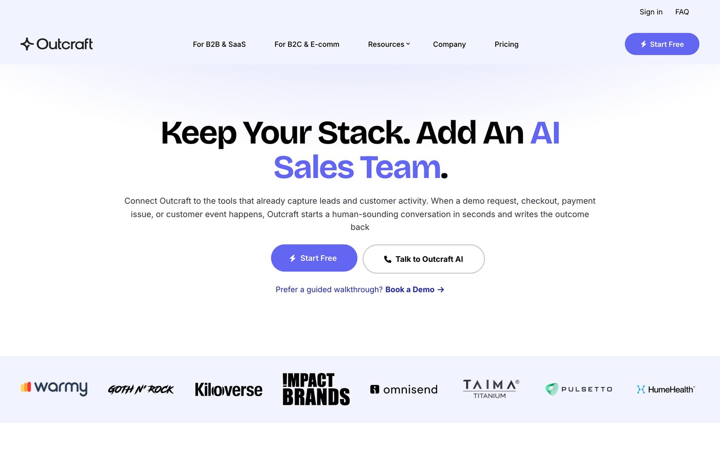 Outcraft AI integrations page listing 20+ CRM and calendar connections