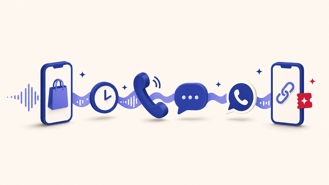 AI voice agent Shopify cart recovery flow: checkout event, 30-minute wait, call, SMS, unique checkout link