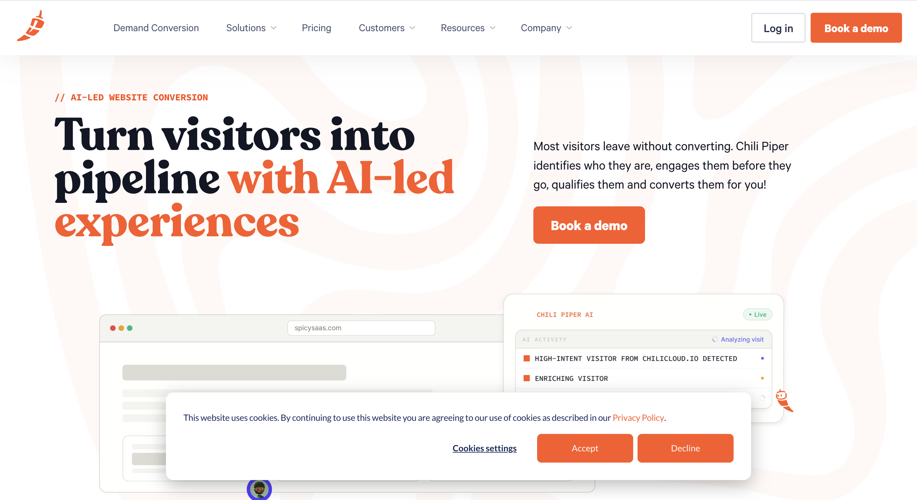 Chili Piper home page showing routing, scheduling, and AI-powered web experiences.