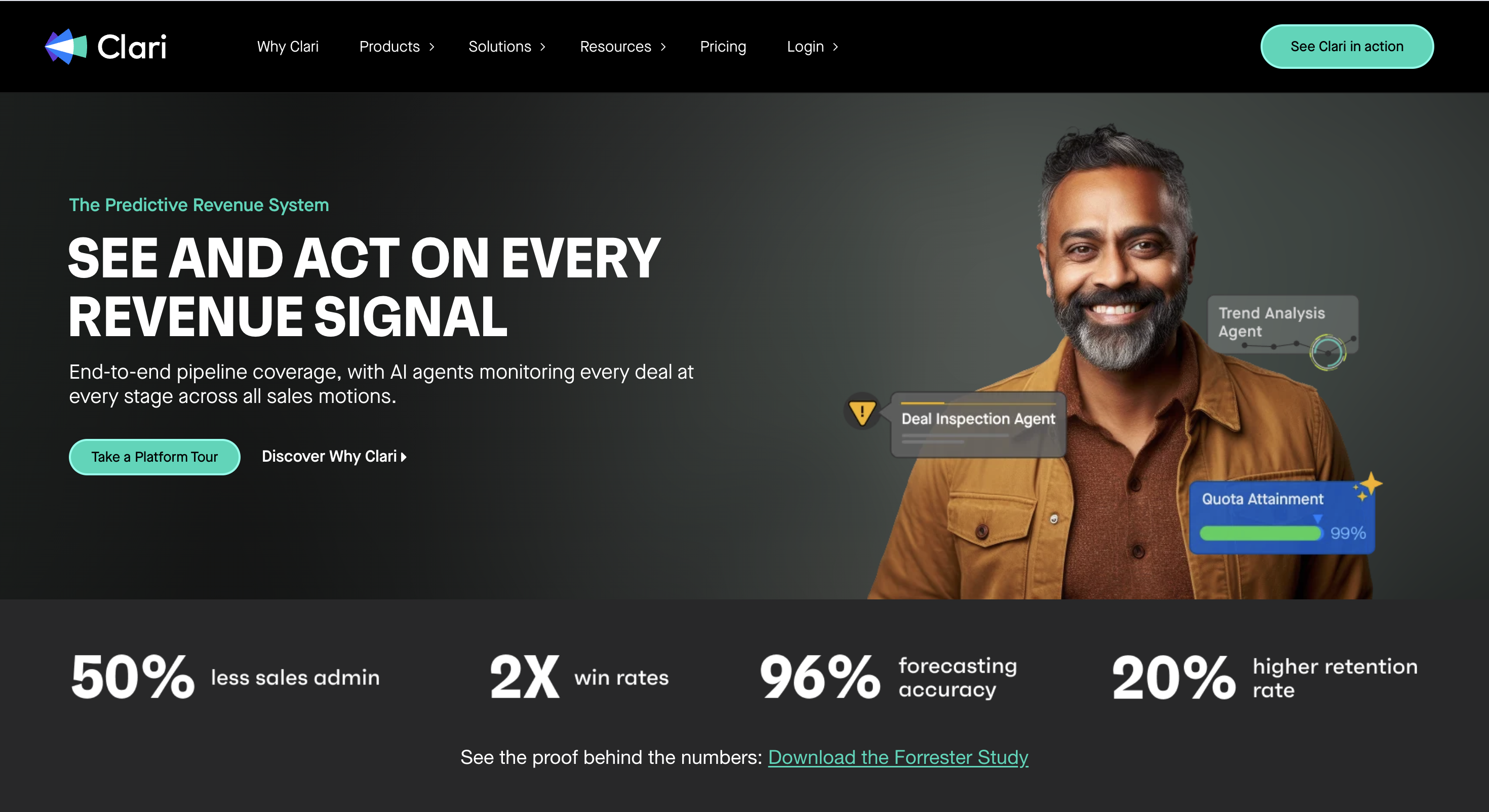 Clari homepage showing revenue orchestration and forecasting workflows.