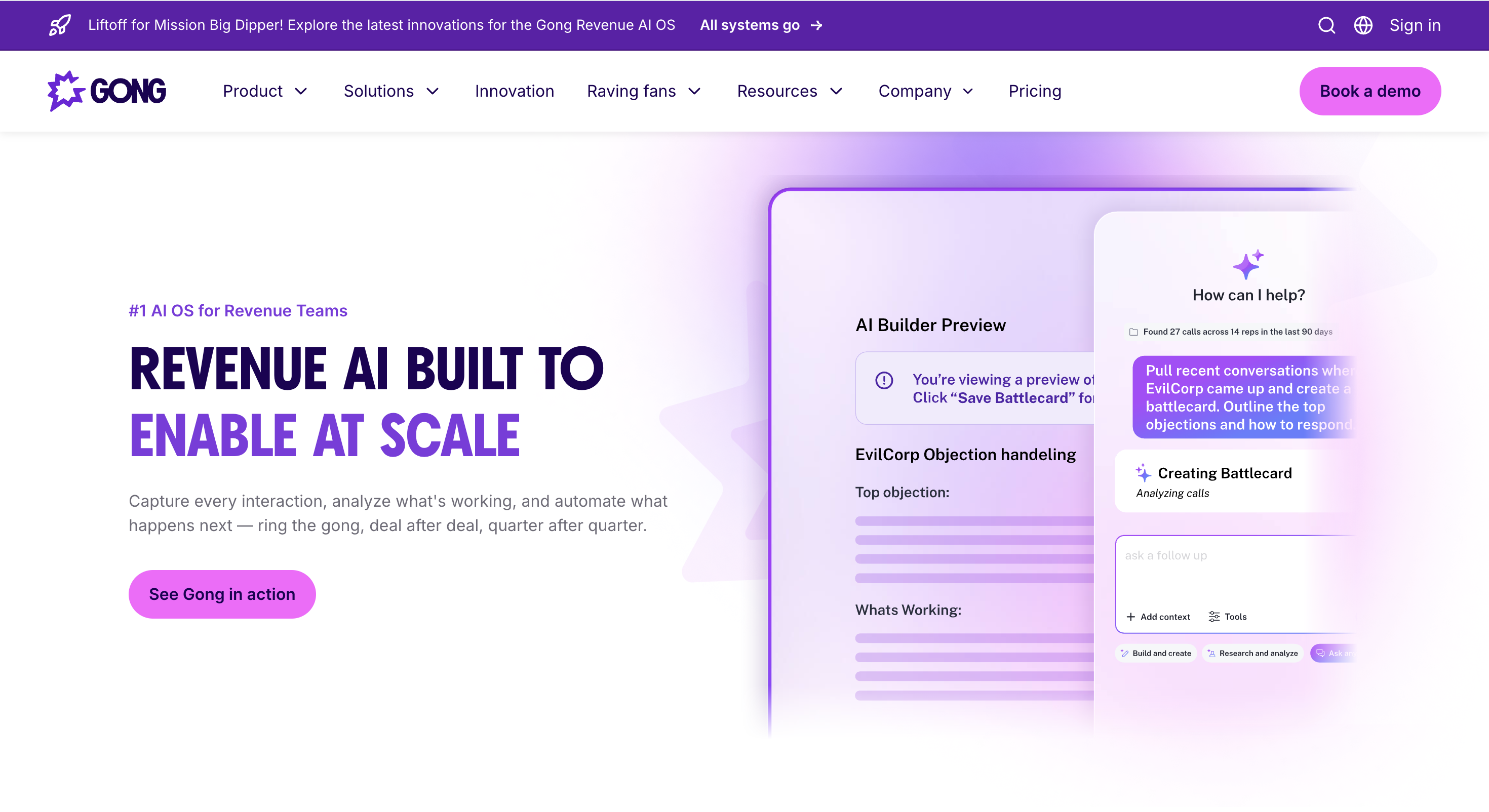 Gong Revenue AI OS homepage showing conversation intelligence and revenue workflows.