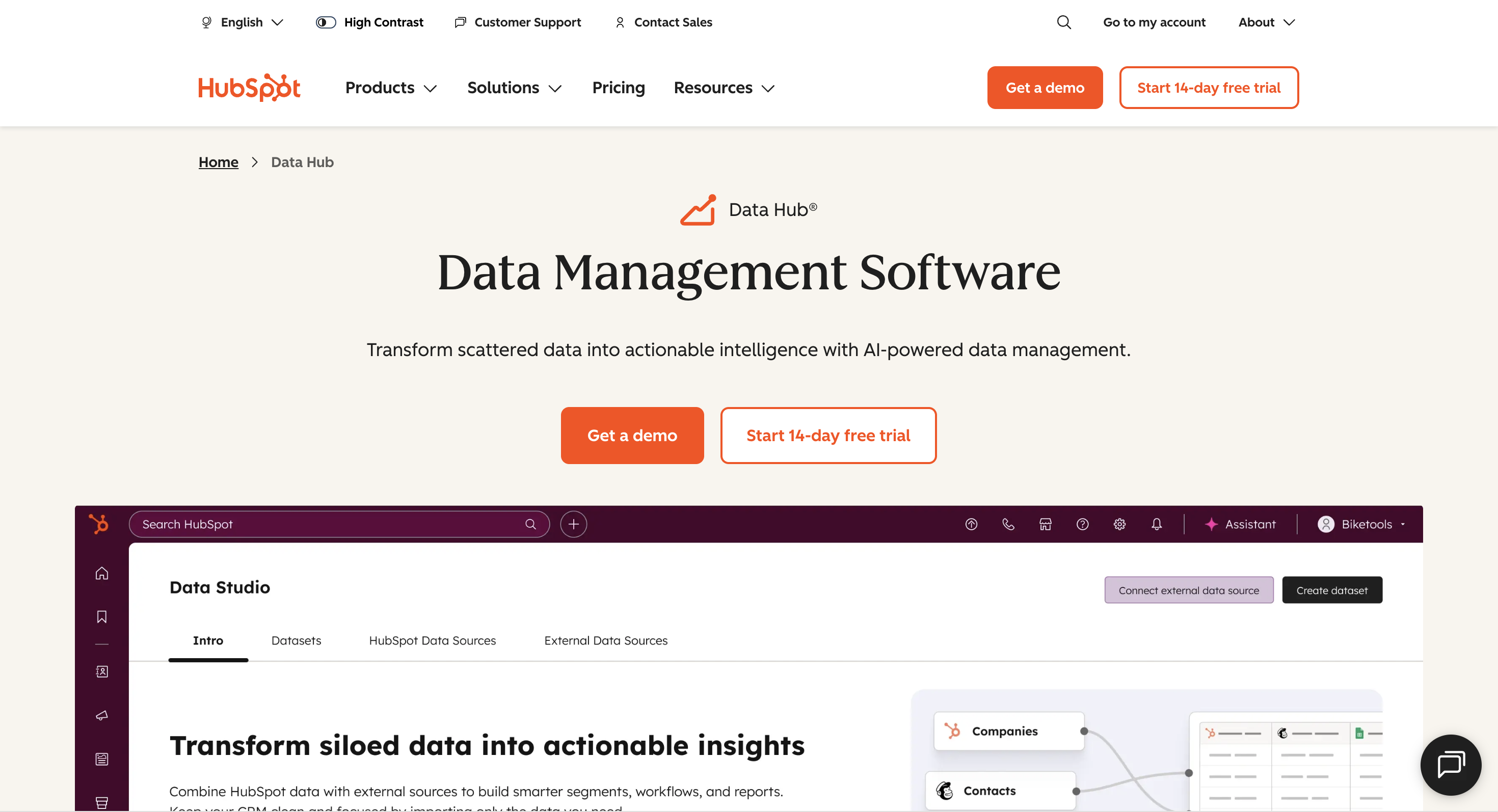 HubSpot Data Hub product page showing data sync, quality, and integrations.