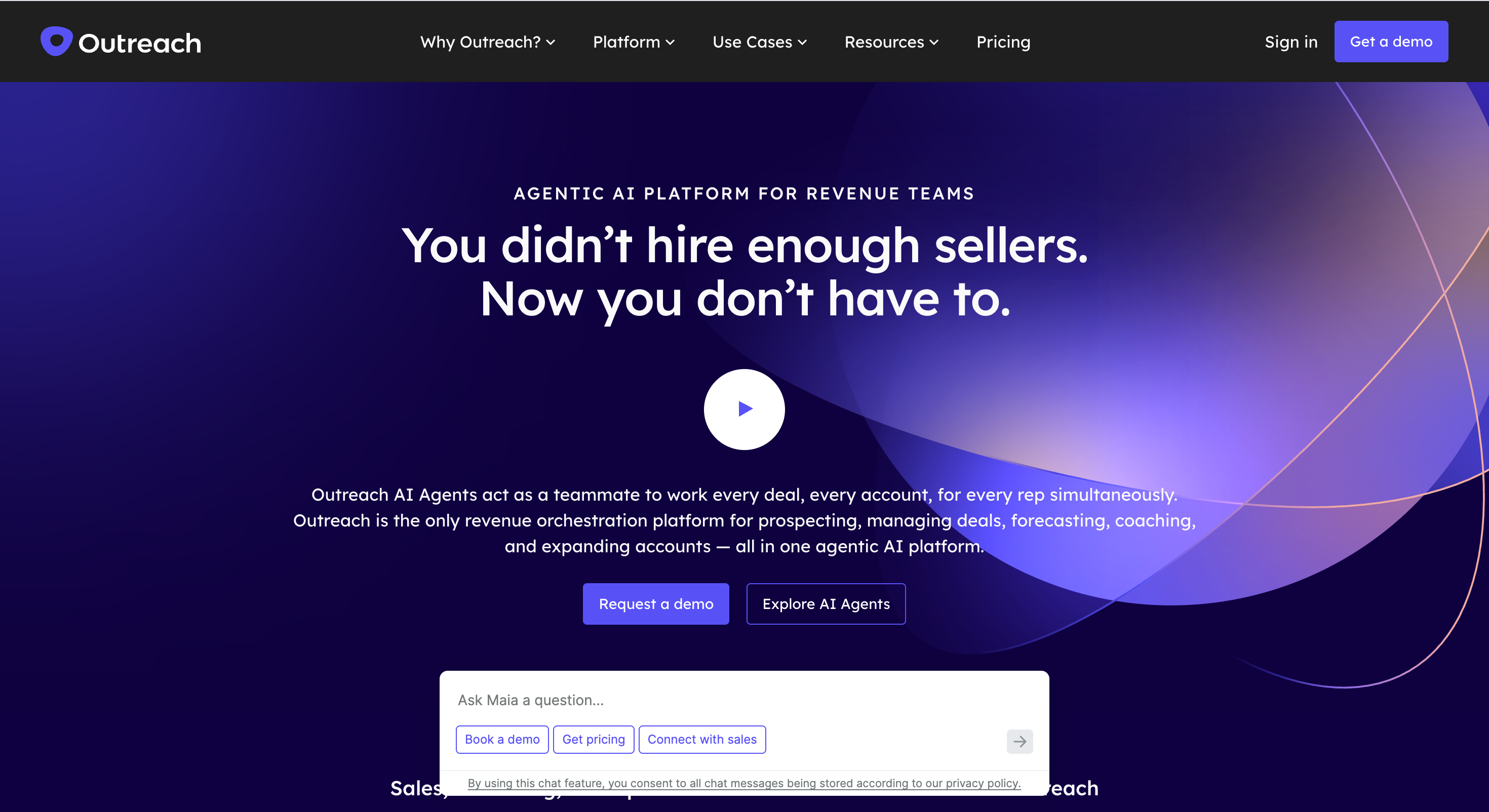 Outreach homepage showing AI revenue workflows for prospecting, deal management, forecasting, and account expansion.