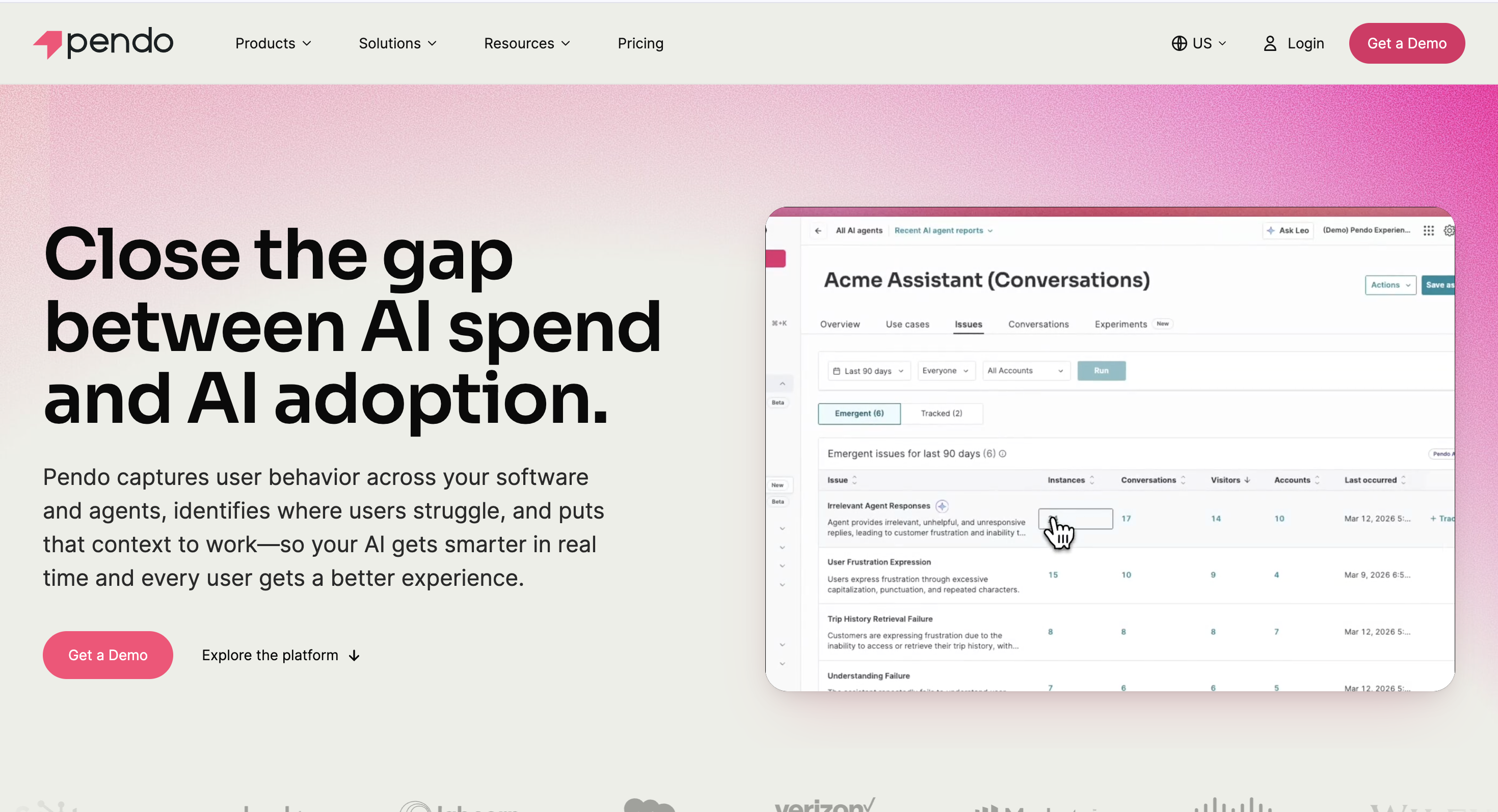 Pendo Homepage for SaaS user onboarding