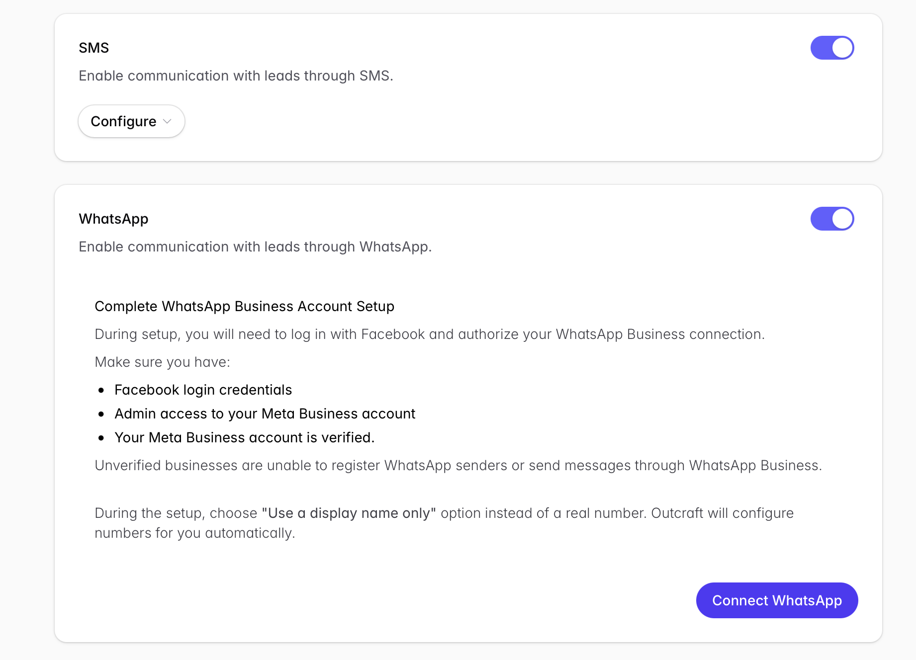 Setting up whatsapp in Outcraft AI