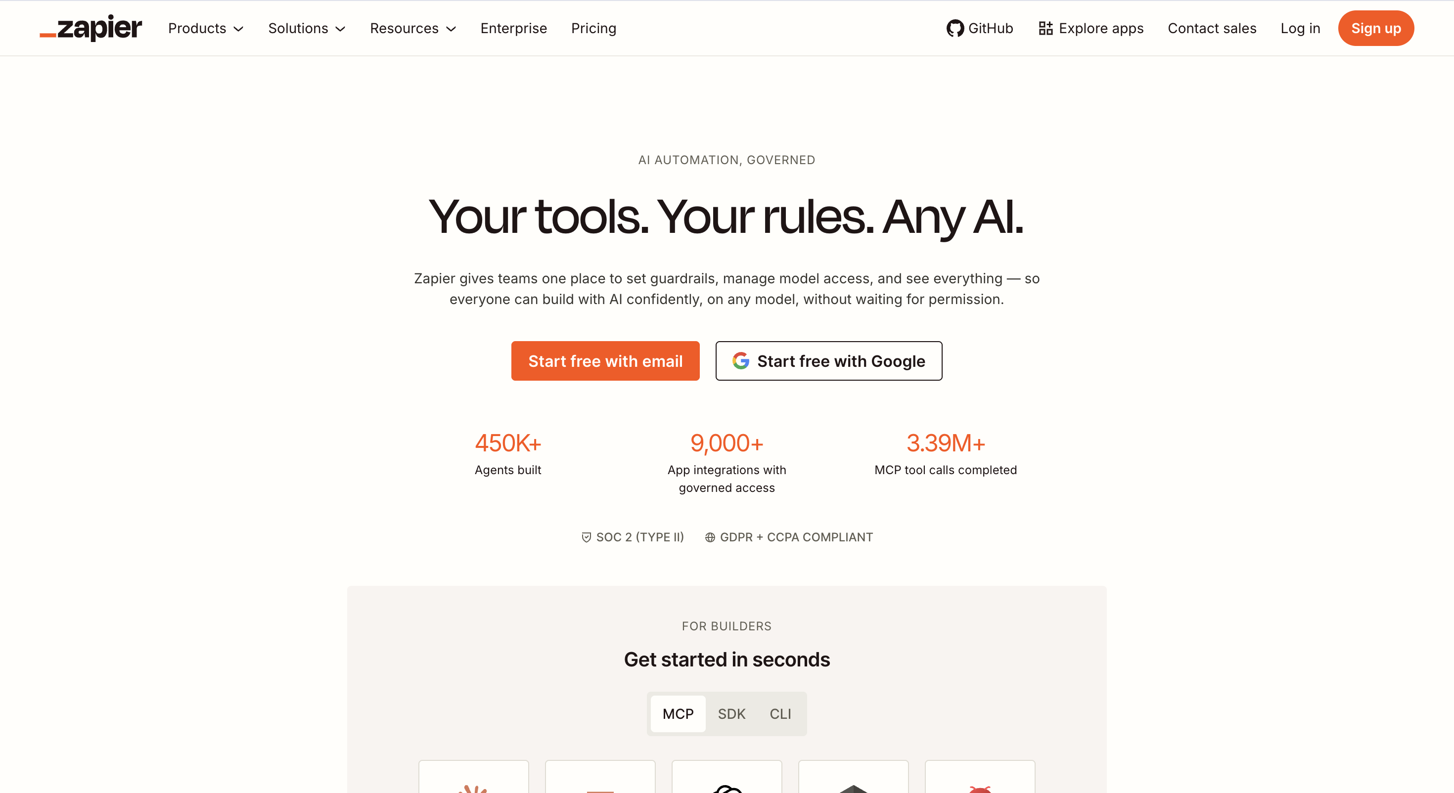Zapier home page showing AI orchestration, workflows, tables, forms, and task-based pricing.