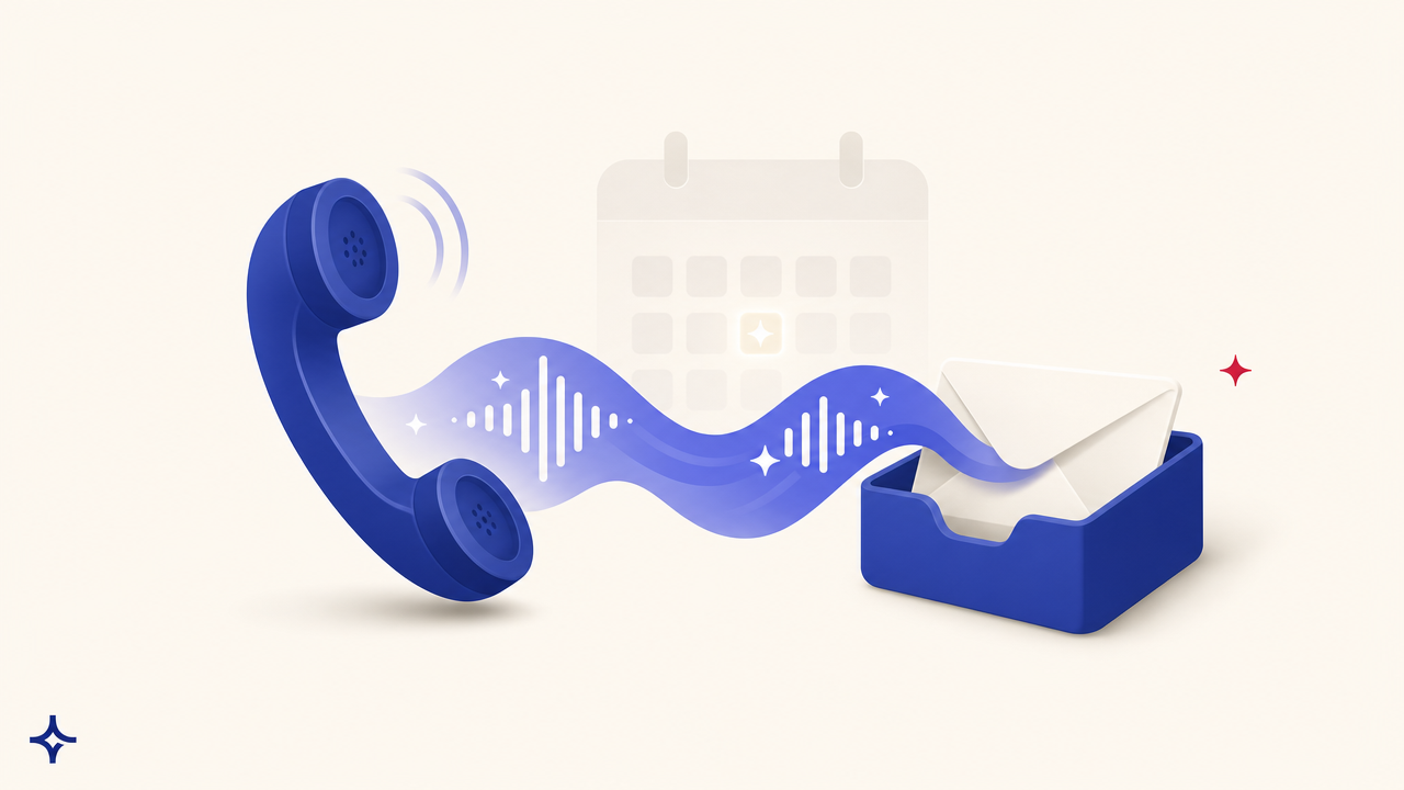 Inbound lead row lifted by a voice soundwave into a booked calendar, Outcraft AI cover illustration