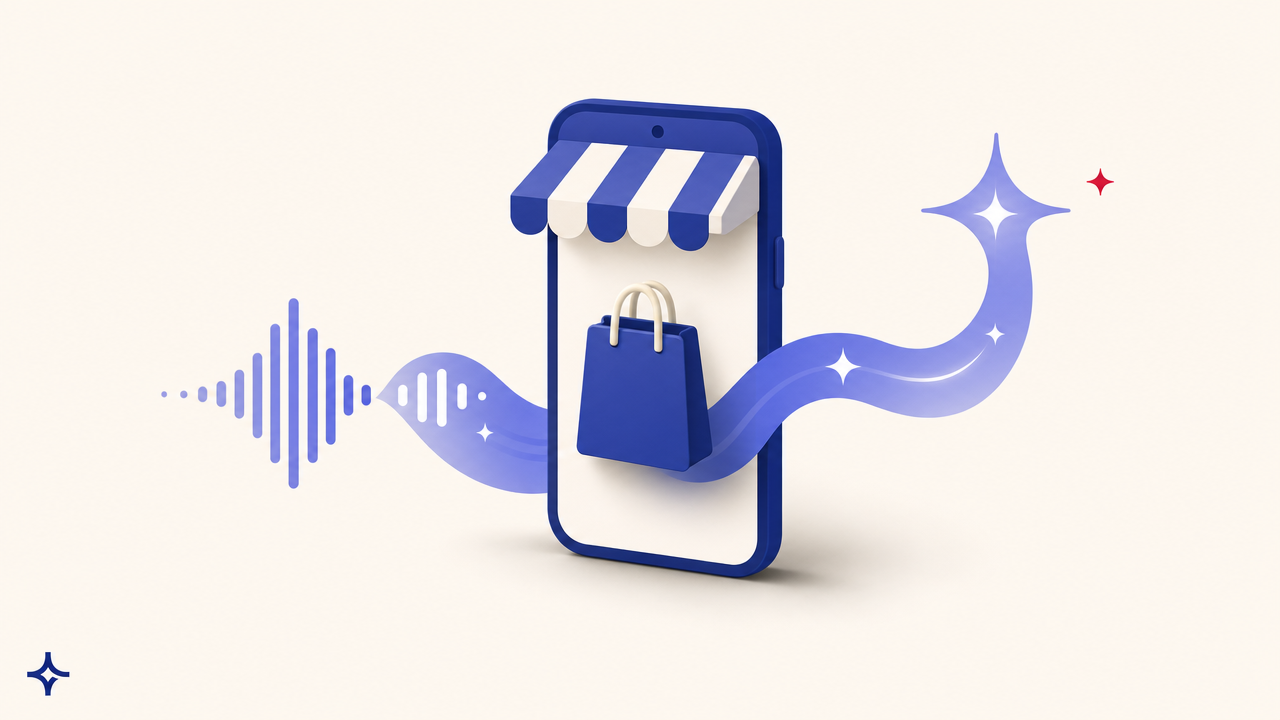 Shopping bag on a phone with a voice soundwave around its handles, Outcraft AI cover illustration for Shopify