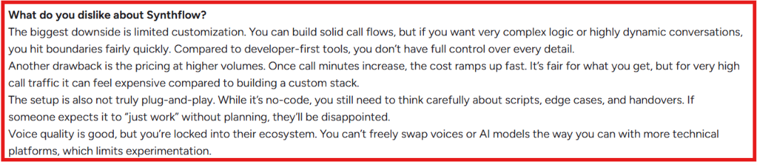 Synthflow AI G2 review about limited customization