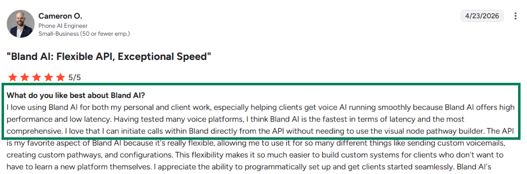 Bland AI G2 review about low latency