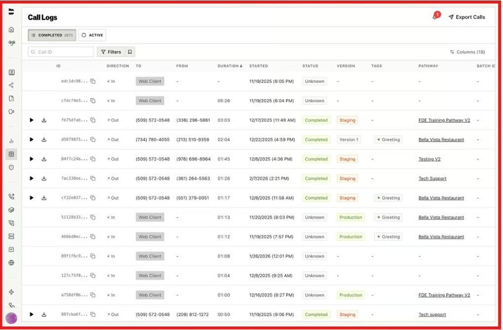 An example of call logs that phone agents answer on Bland AI