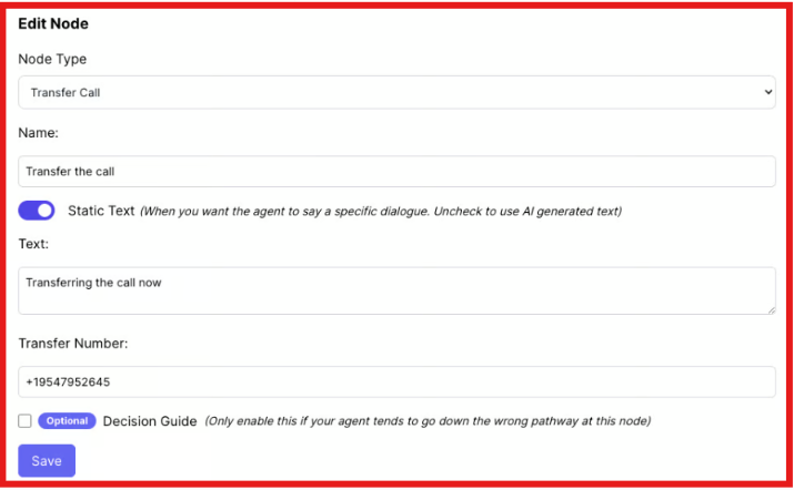 Transfer call node type settings for the phone agent