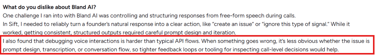 Bland AI G2 review about debugging voice interactions