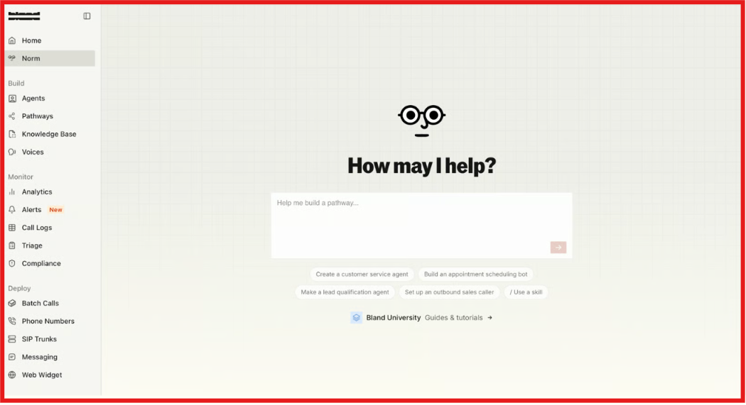 Norm chat surface in the Bland AI dashboard