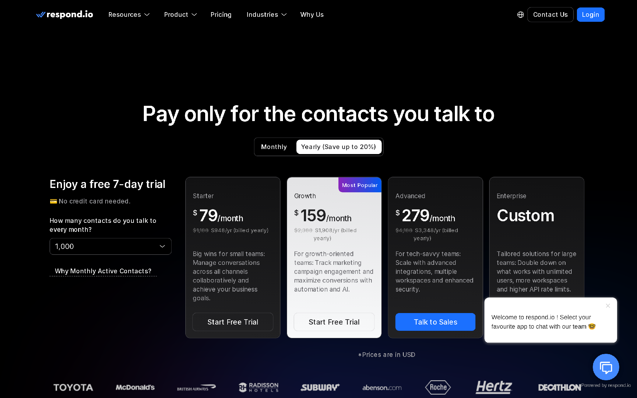 respond.io pricing page showing Starter, Growth, Advanced, and Enterprise plans