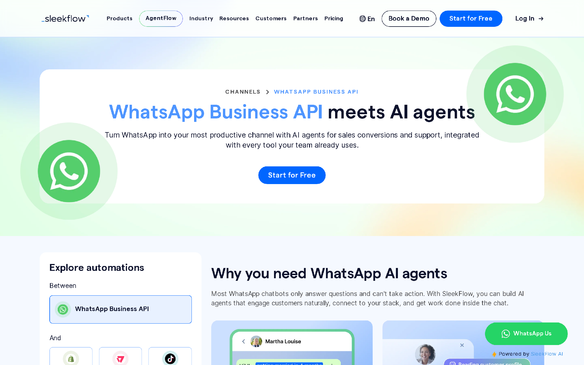 SleekFlow WhatsApp AI agents page showing CRM, ecommerce, workflow, and payment integrations