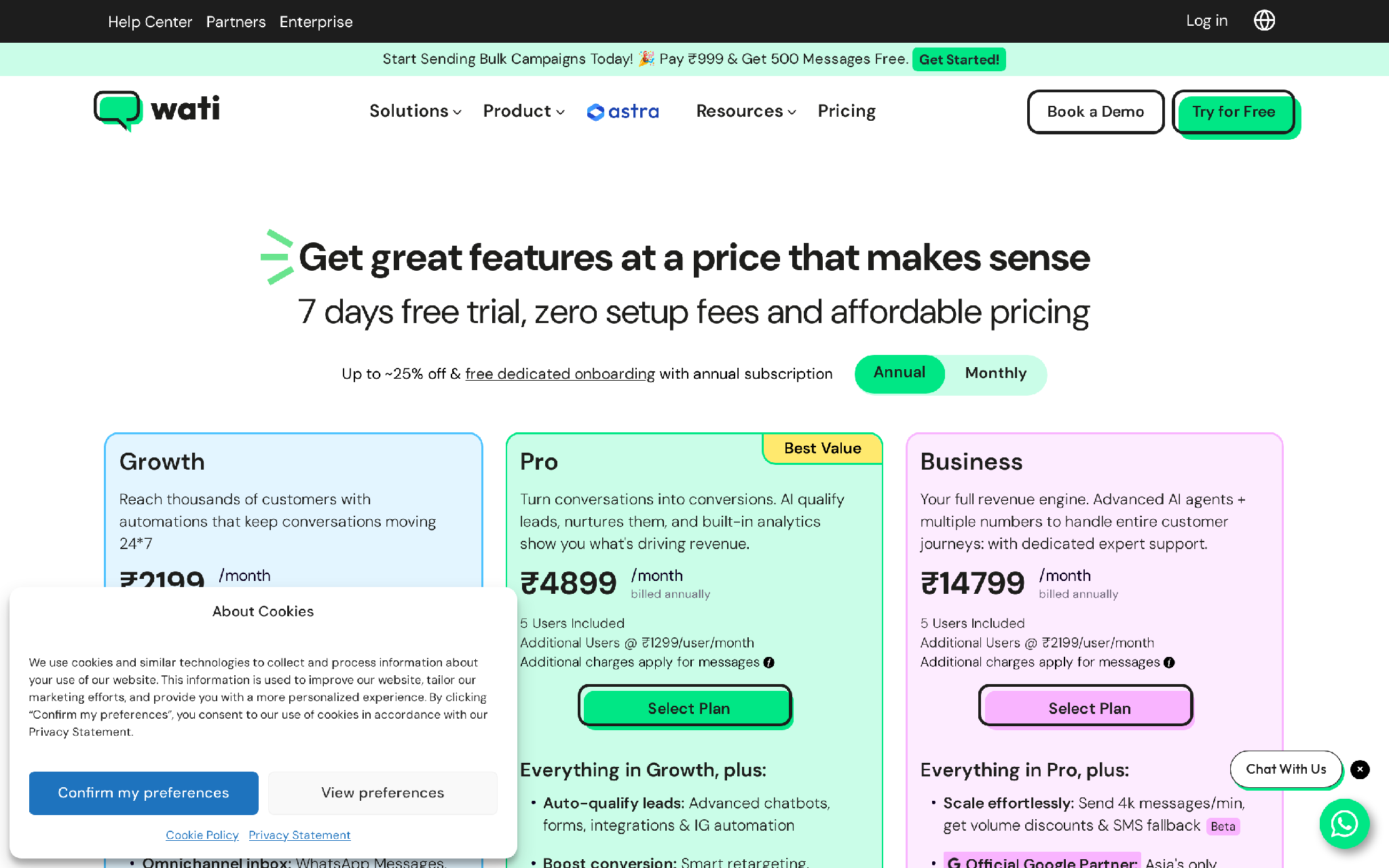 WATI pricing page showing WhatsApp Business API plans and pay-as-you-go option