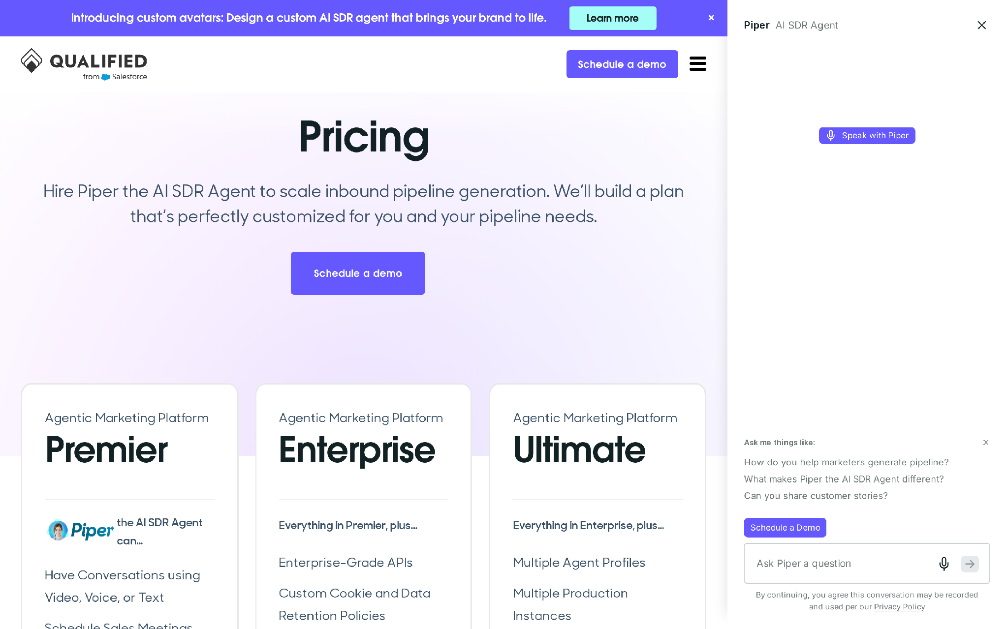 Qualified Piper pricing page for Premier, Enterprise, and Ultimate agentic marketing plans