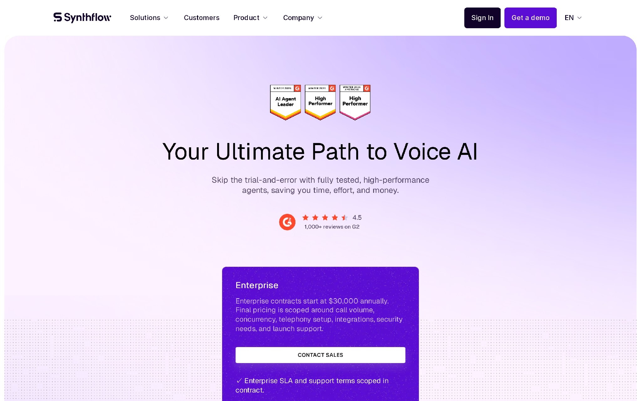 Synthflow pricing page for enterprise voice AI deployment