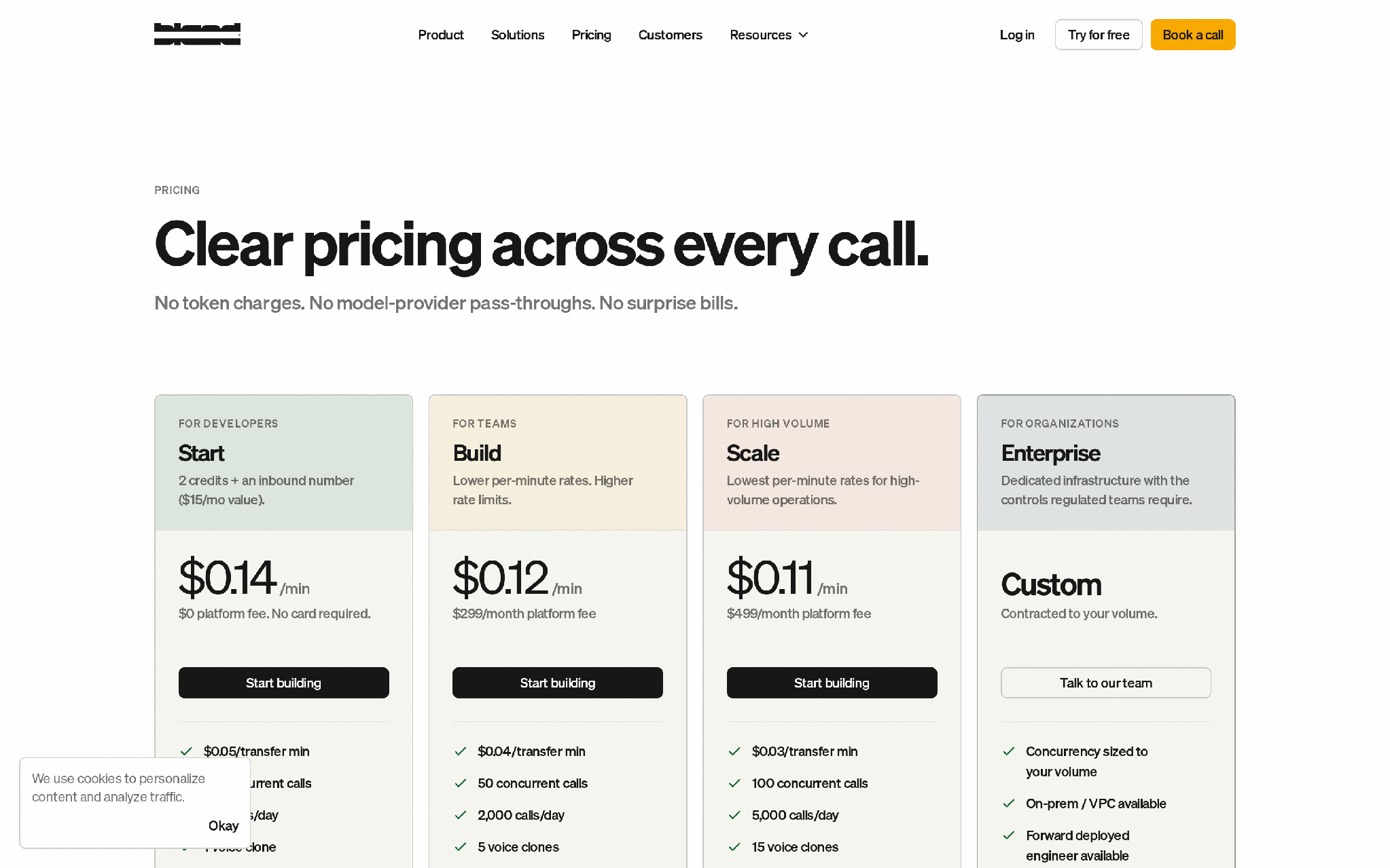 Bland AI pricing page for high-volume phone-agent plans