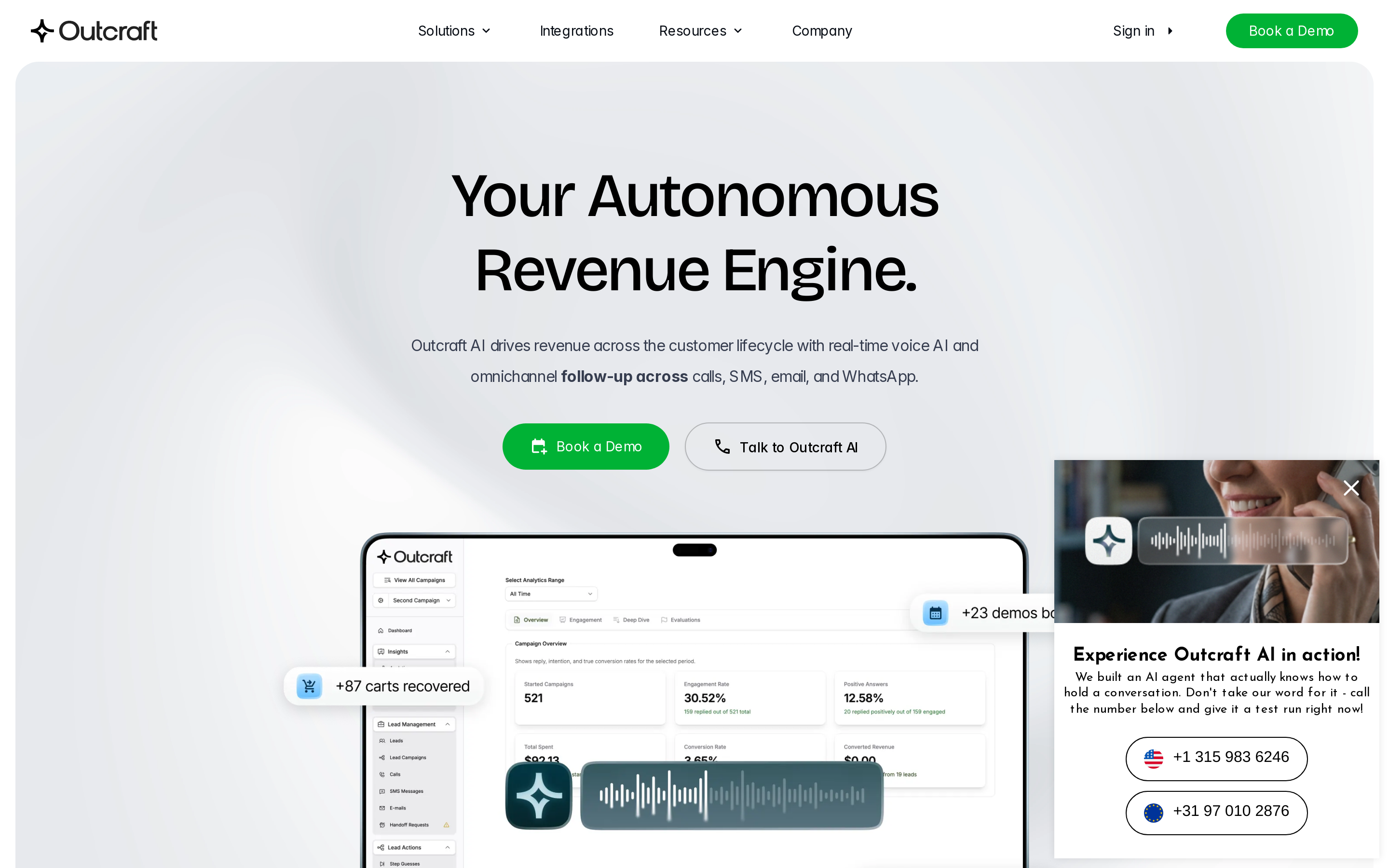 Outcraft AI homepage showing AI sales agent and omnichannel follow-up