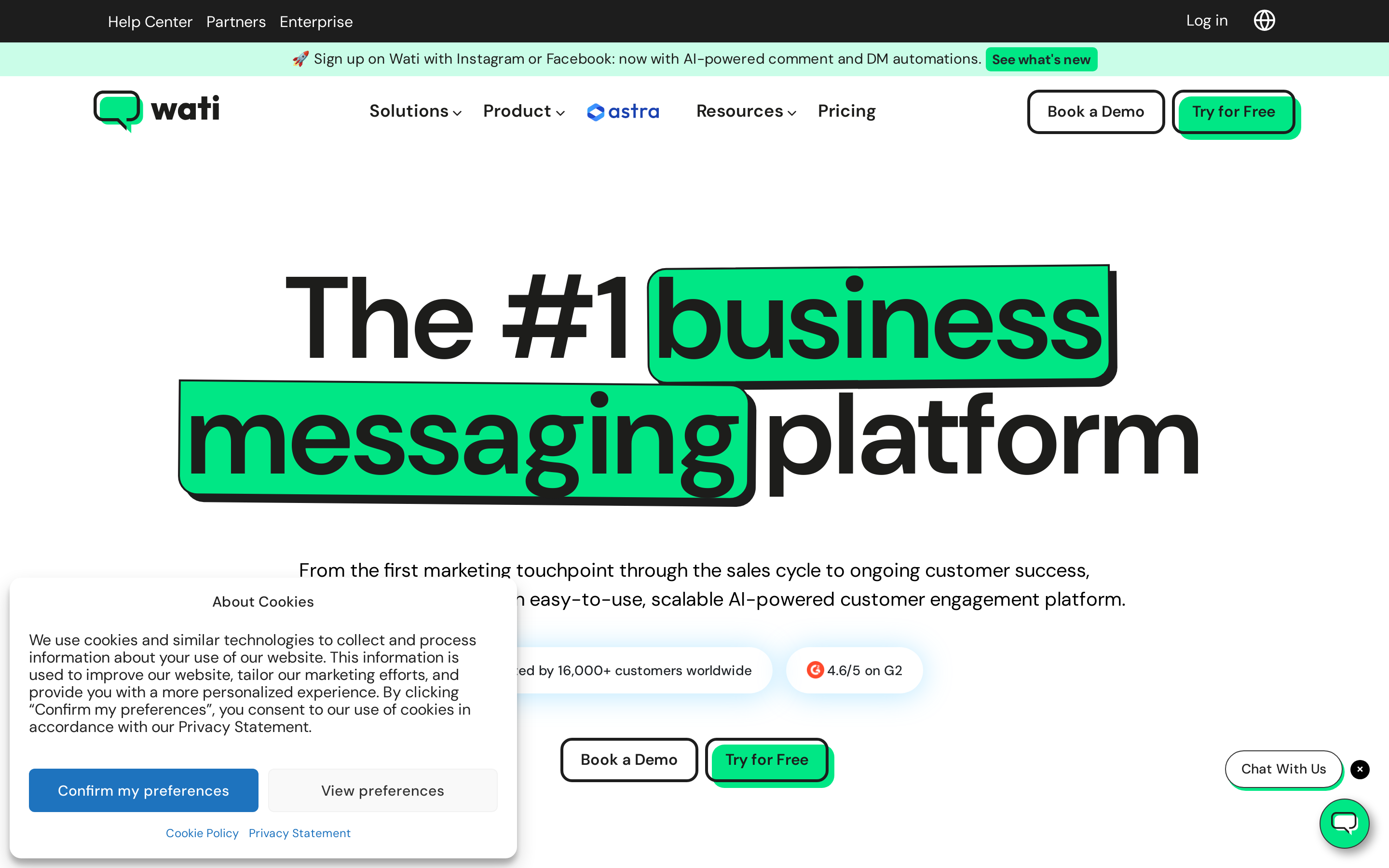WATI homepage showing WhatsApp inbox, campaigns, and AI automation