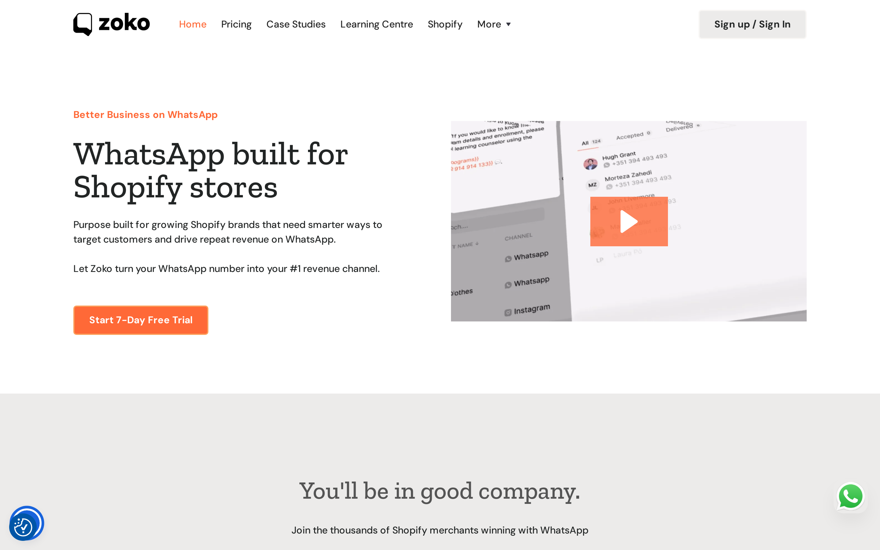 Zoko homepage showing WhatsApp built for Shopify stores