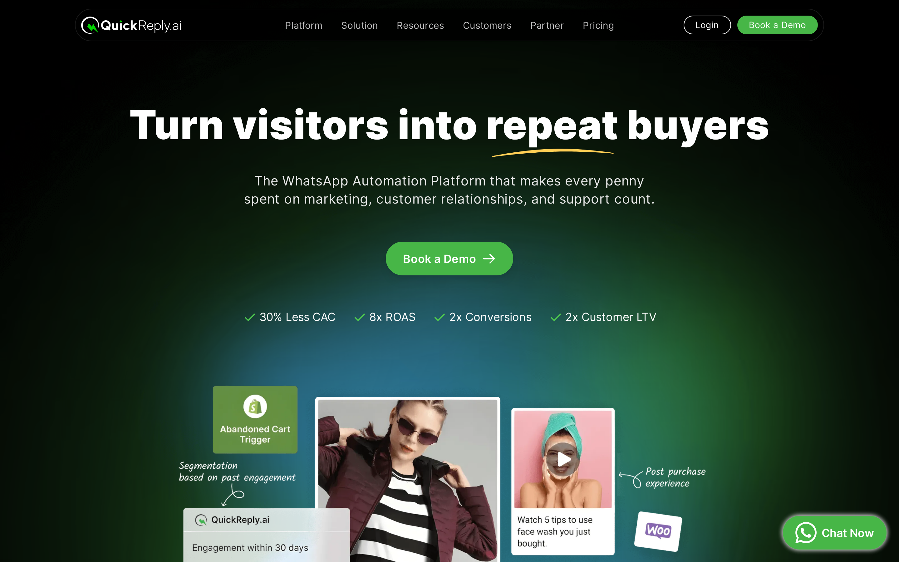 QuickReply.ai WhatsApp automation homepage for e-commerce brands