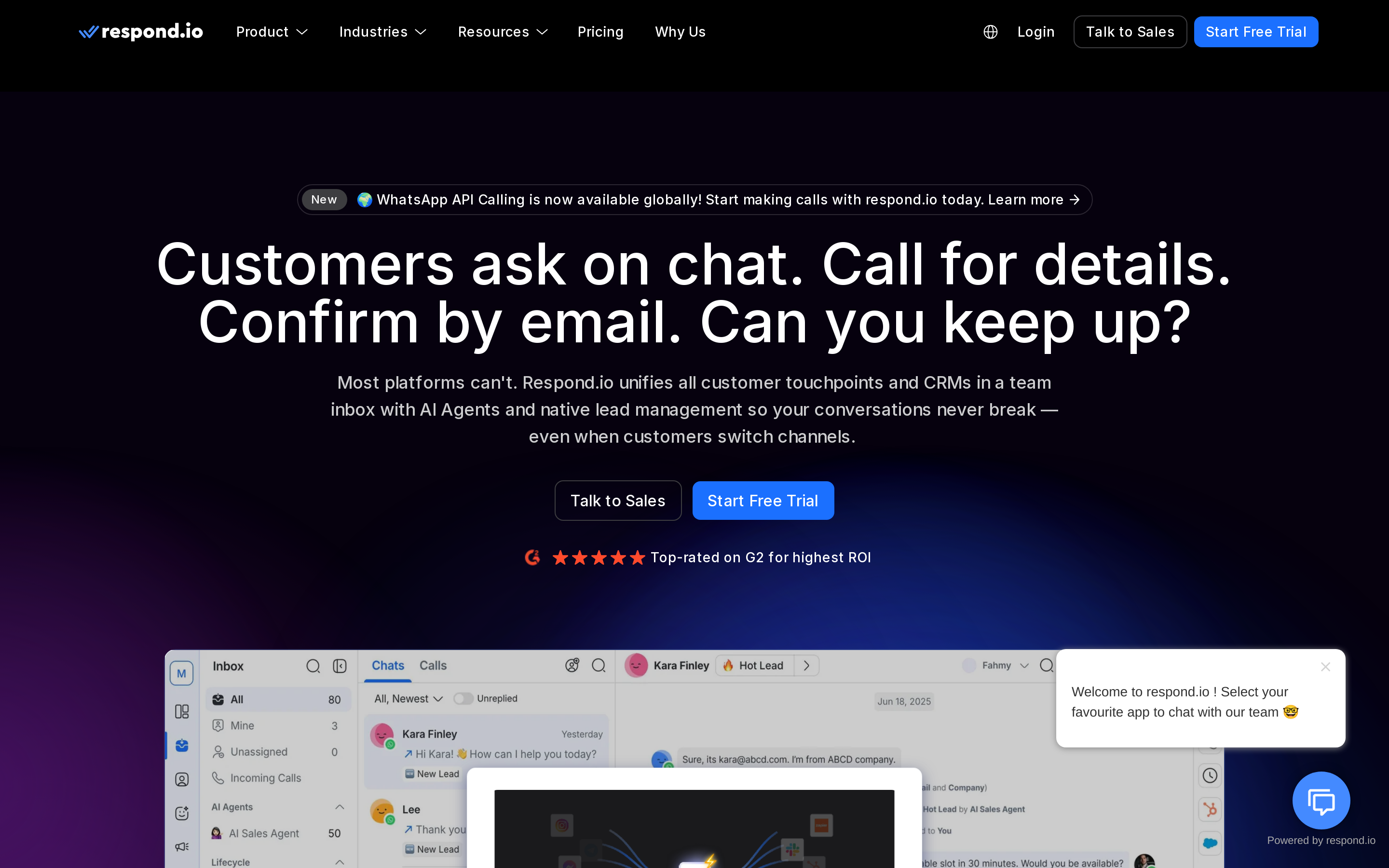 Respond.io homepage showing omnichannel messaging inbox and automation