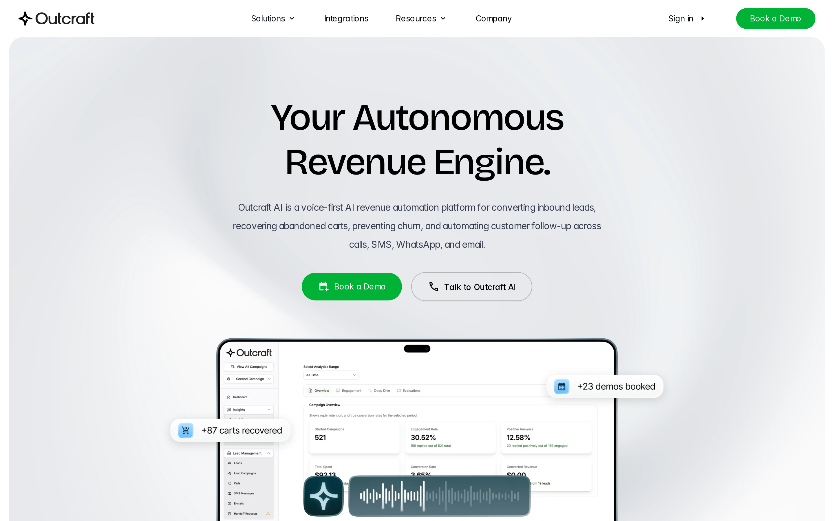 Outcraft AI autonomous revenue engine across calls, SMS, email, and WhatsApp