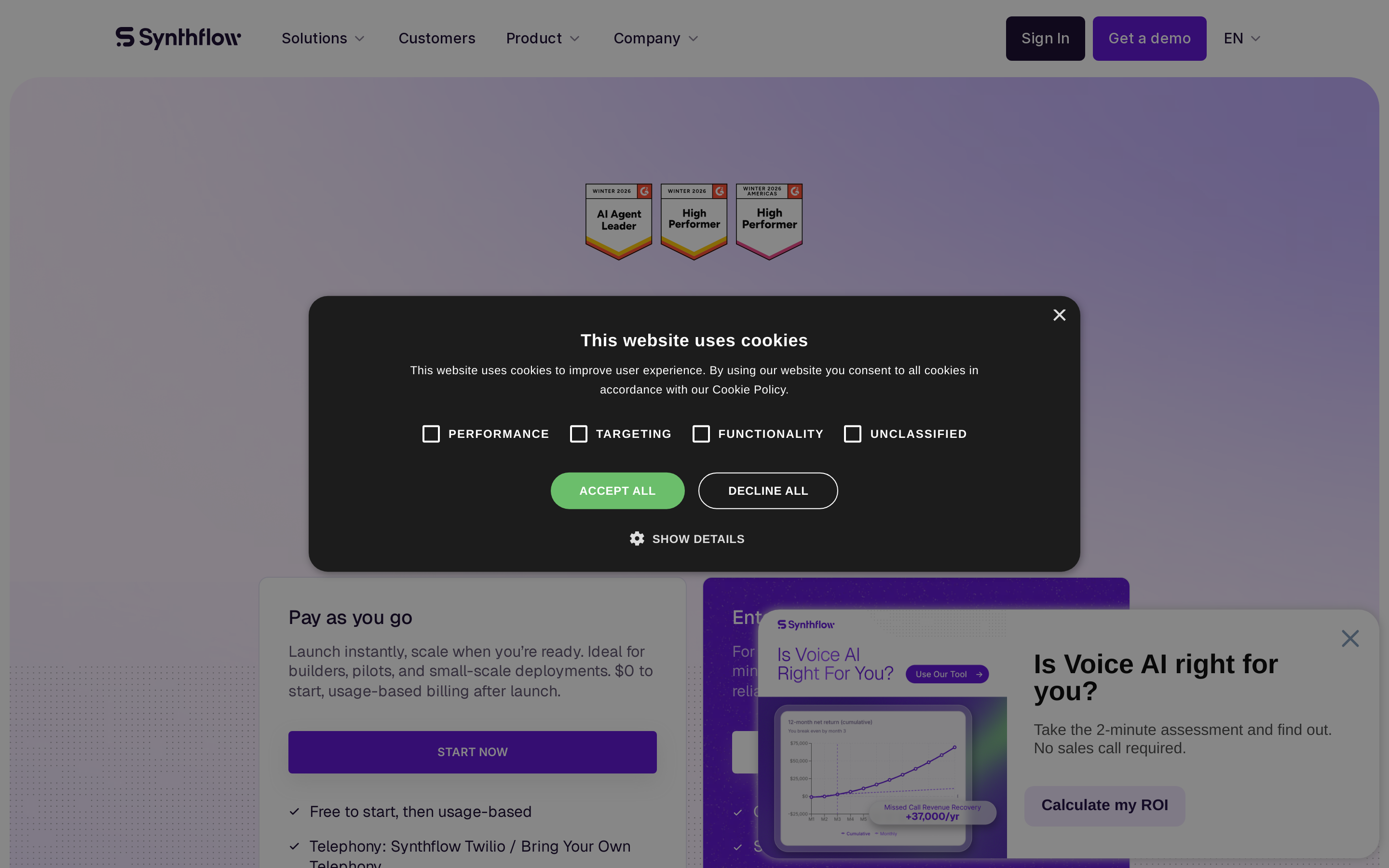 Synthflow pricing page