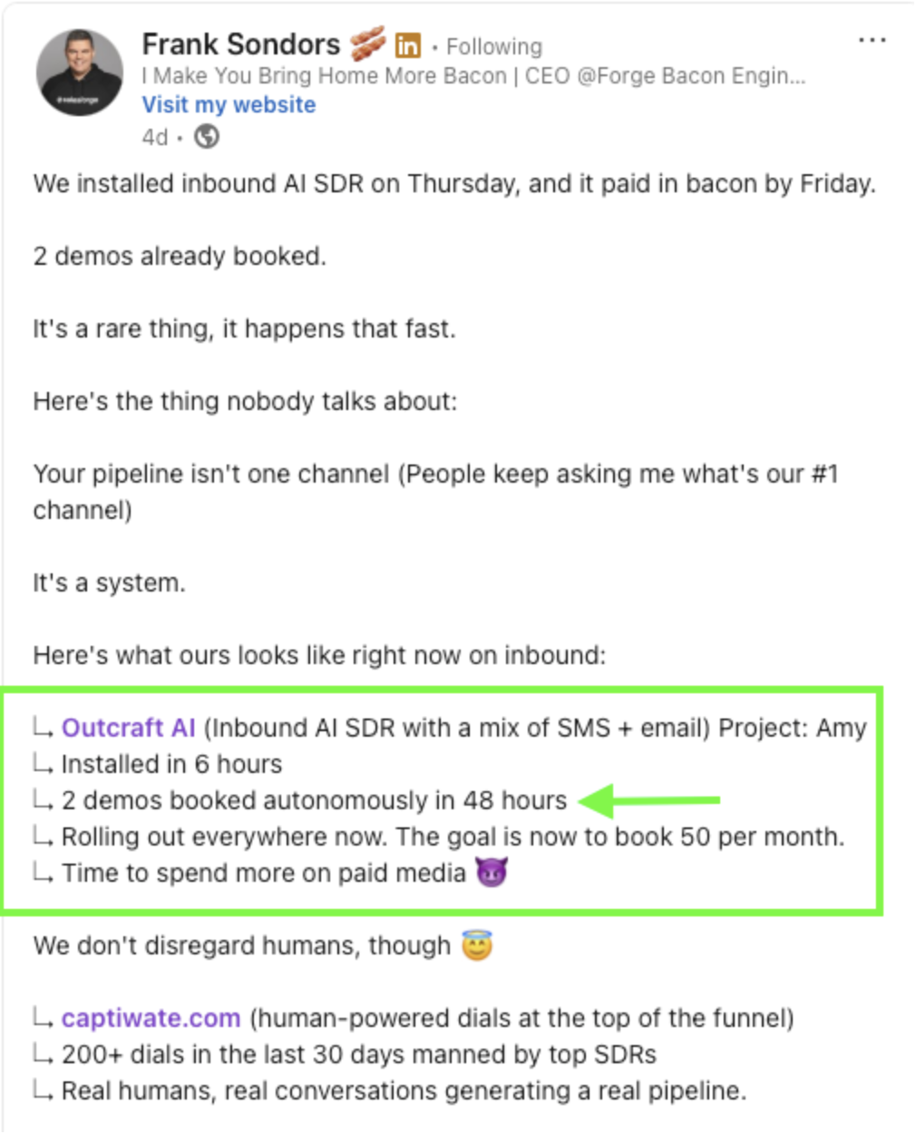 Outcraft AI user review on LinkedIn 