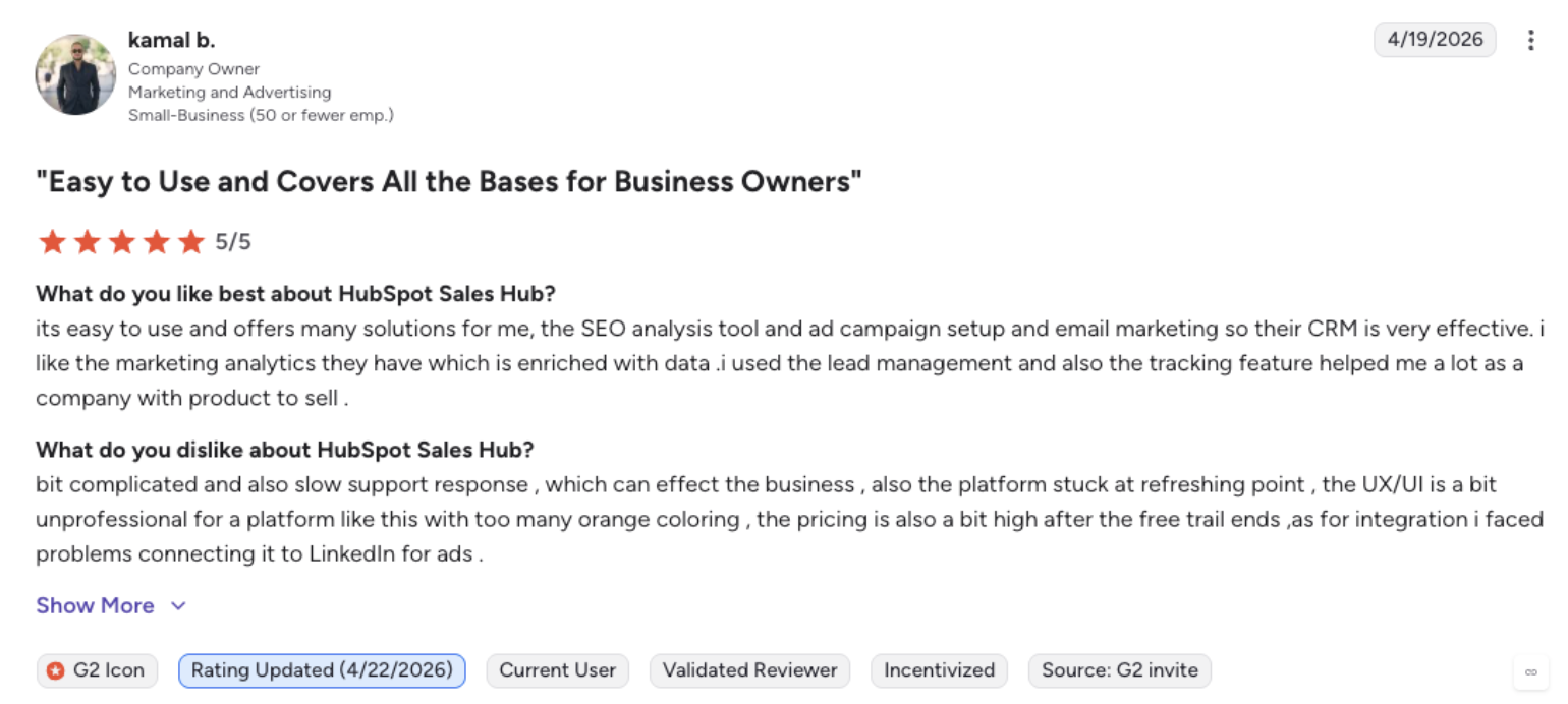  Hubspot review on G2