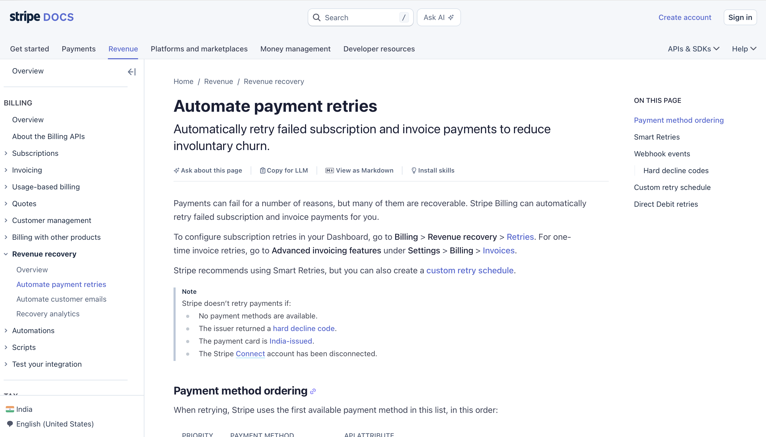 Stripe Smart Retries documentation