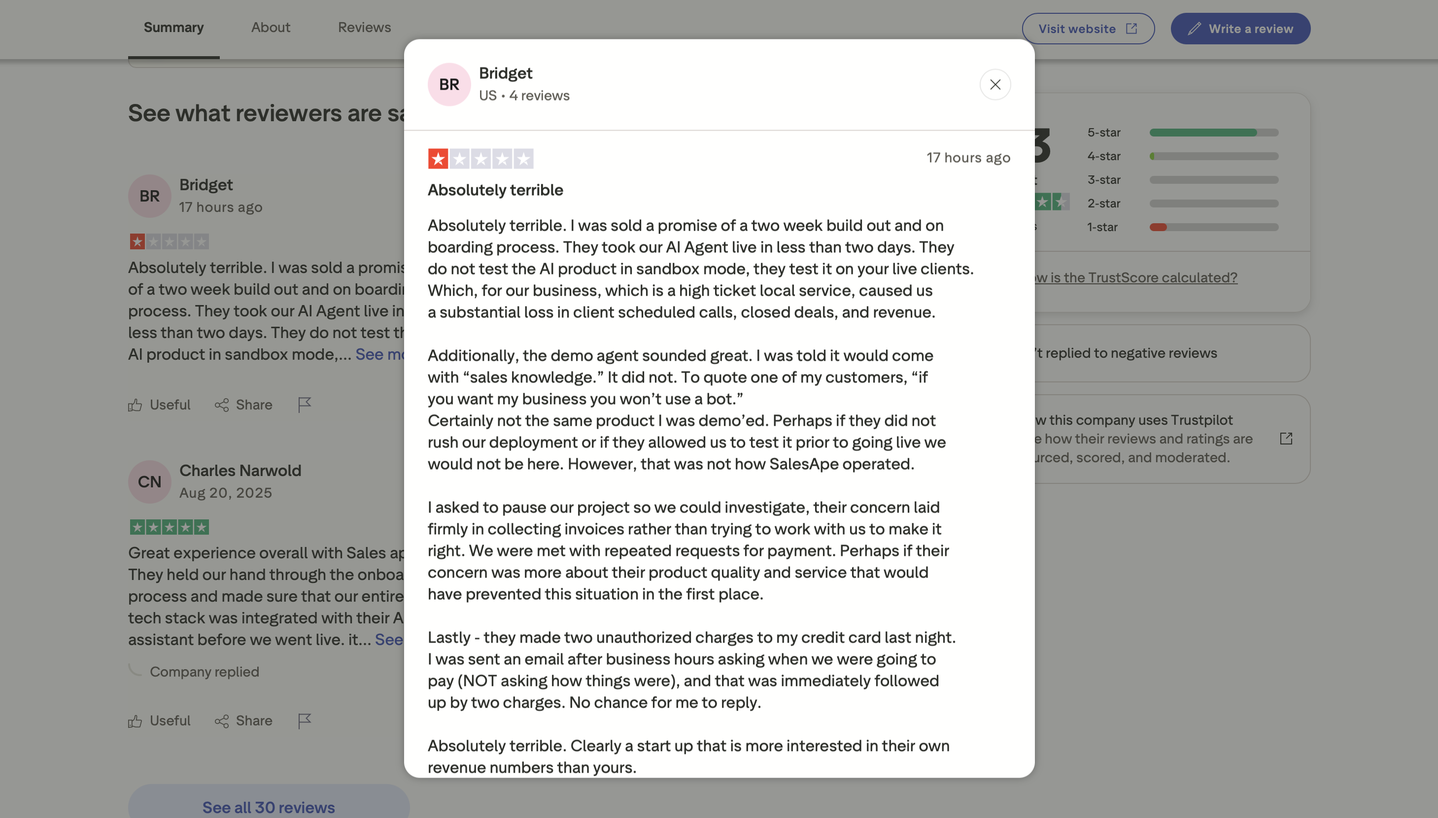 SalesApe review on TrustPilot