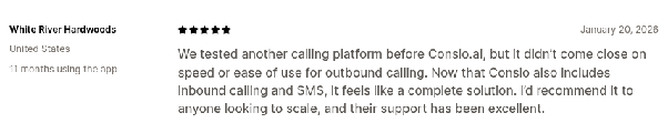 Positive Consio Shopify review from White River Hardwoods screenshot