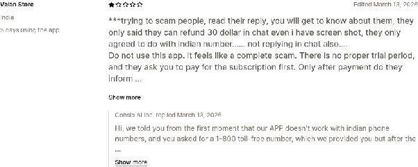 Negative Consio Shopify review with developer reply screenshot