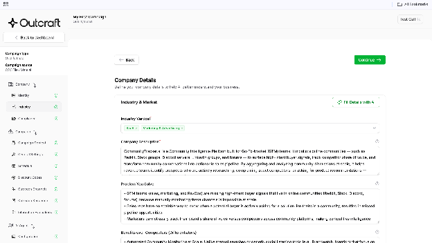 Alt-text: Creating Campaign in Outcraft AI